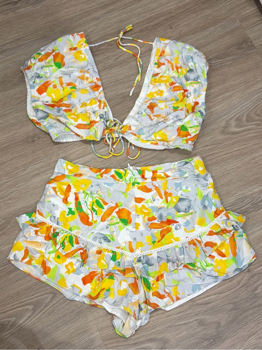 Hello Molly Yellow Orange & Green Floral Tie-Front Skort Set